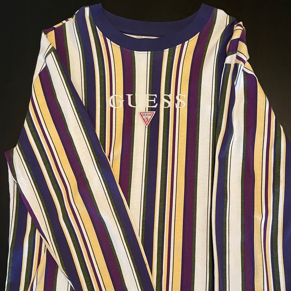 Guess Men’s Long Sleeve Striped Logo Tee
